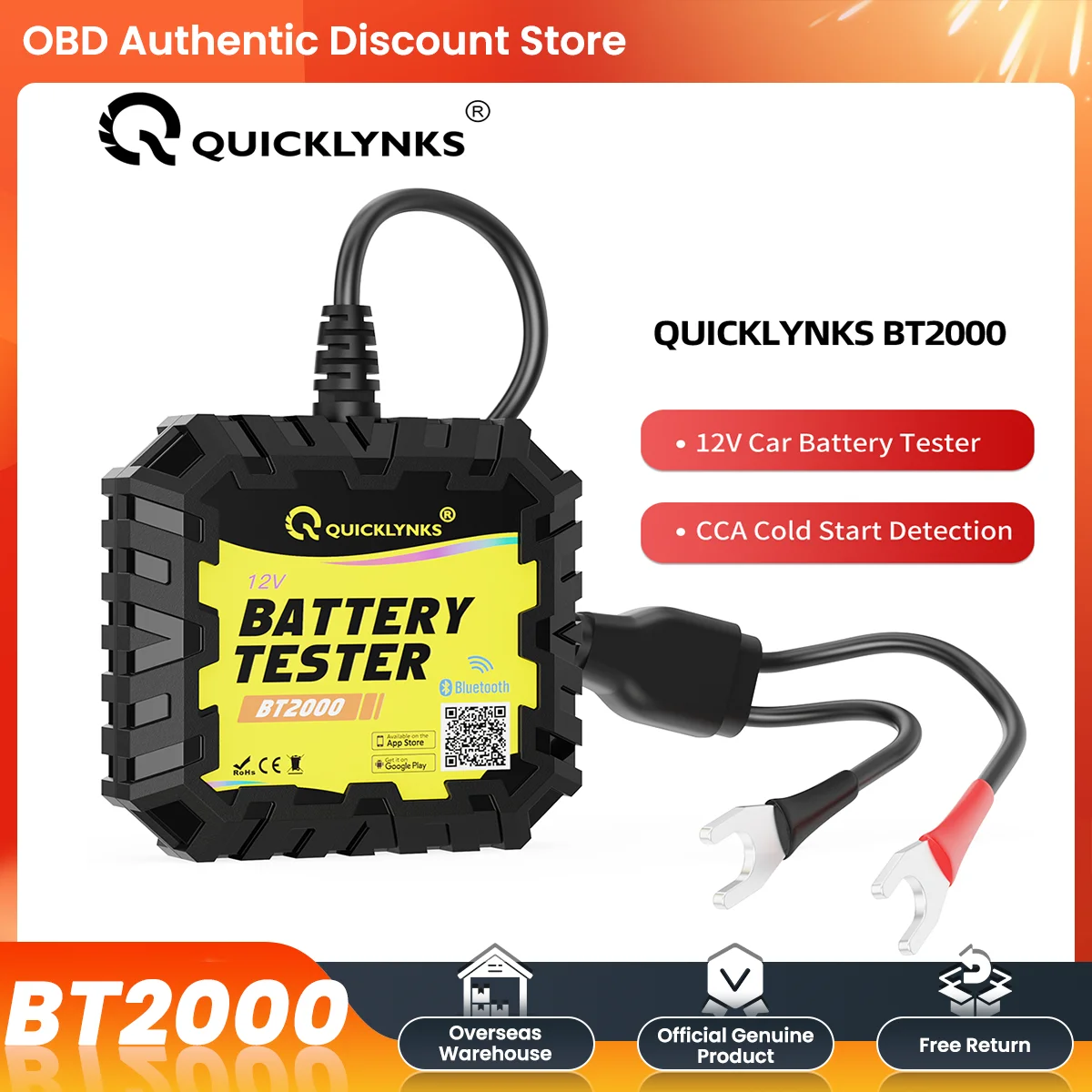 QUICKLYNKS BT2000 12V Car Battery Tester Monitor Wireless Bluetooth Auto Battery Analyzer CCA Test Free Update for IOS Android