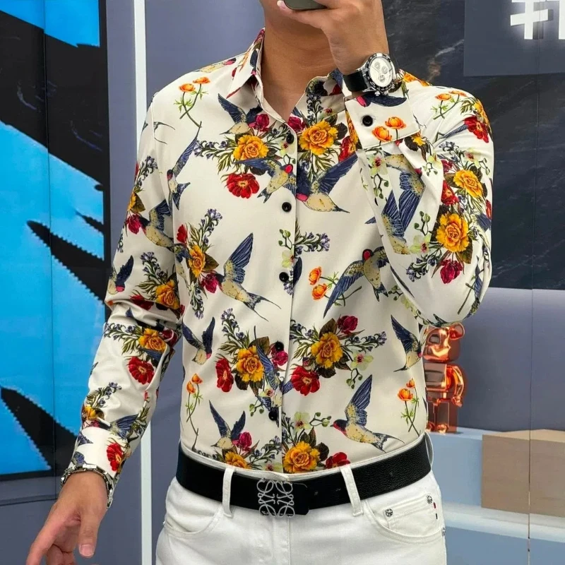 

New Men Trendy Printed Temperament Fashionable Advanced Handsome Versatile Floral Long Sleeve Shirt