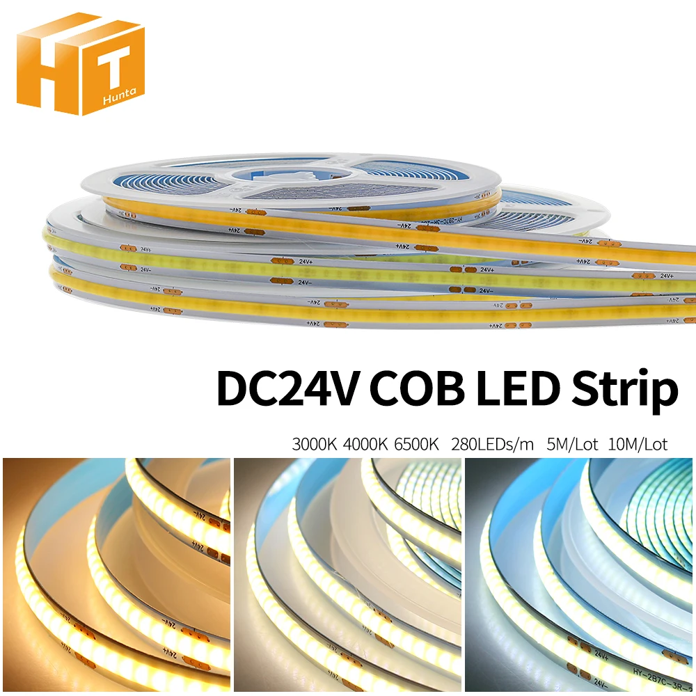 

DC24V COB LED Strip 280LEDs/m High Brightness 3000K 4000K 6500K High Flexible 5m/lot 10m/lot