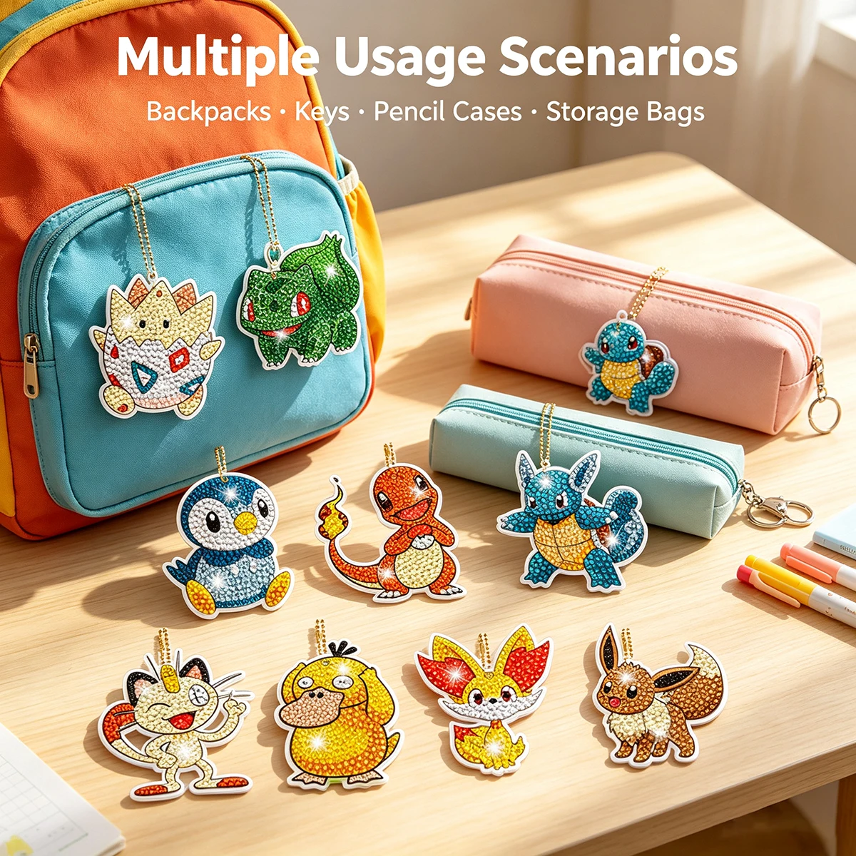 Double-Sided Digimon Pikachu Diamond Painting Keyring Cartoon Mosaic Embroidery Cross Stitch Bag DIY Pendant Perfect gift