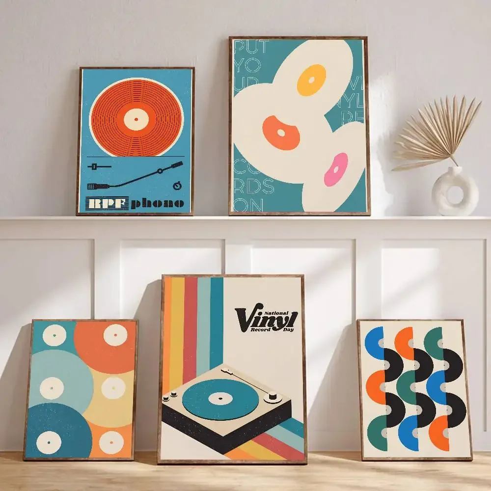 Retro Vinyl Record Print Mid Century Music Poster Self-adhesive Art Room Entrance Restaurant Wall Decor Art Painting
