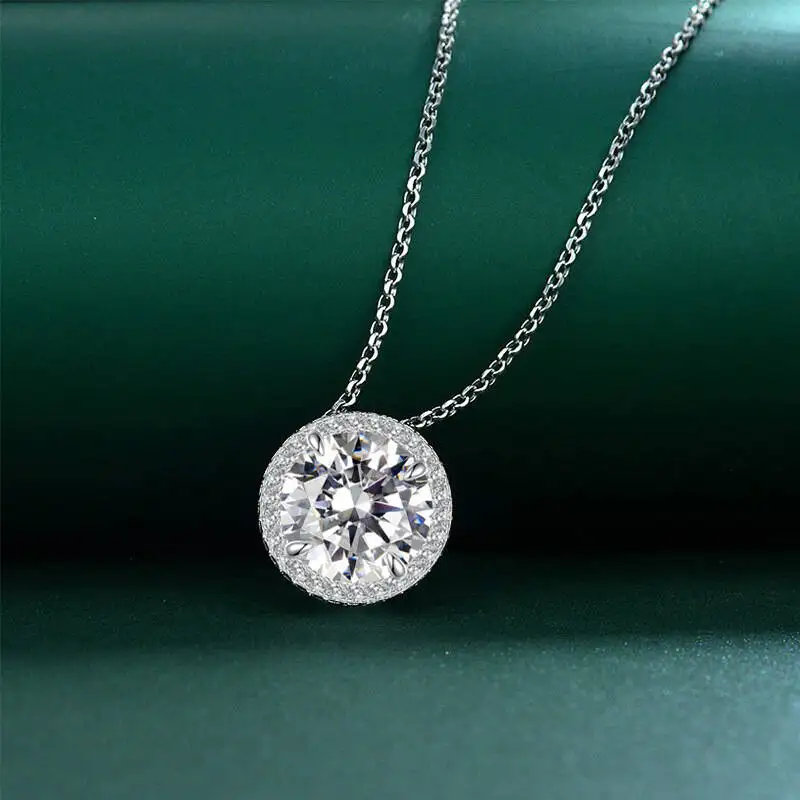 

925 Sterling Silver 5CT Round Brilliant Cut D VVS1 Moissanite Halo Pendant Necklace Solitaire Frame Fine Jewelry For Women