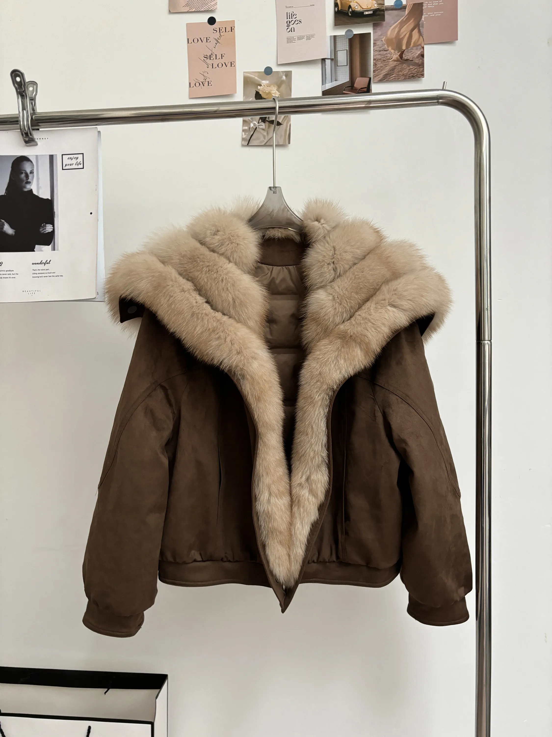

High End Luxurious Fox Fur Navy Collar Suede White Goose Down Jacket Parka Coat Women