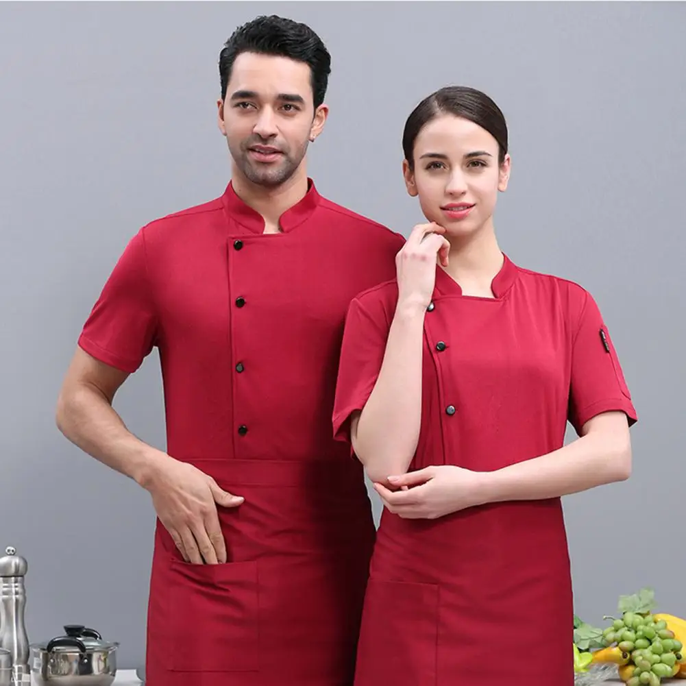 Unisex Chef Shirt Kitchen Short Sleeve Stand Collar Stain-resistant Kitchen Bakery Restaurant Canteen Waiter Top Cook Uniform