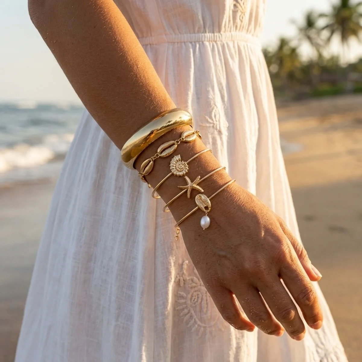 Böhmisches Mehrschichtiges Seestern-Muschel-Armreif-Set für Damen und Herren, Sommer-Strand-Urlaub, klobiger Armreif, Party-Schmuck – Detail 9