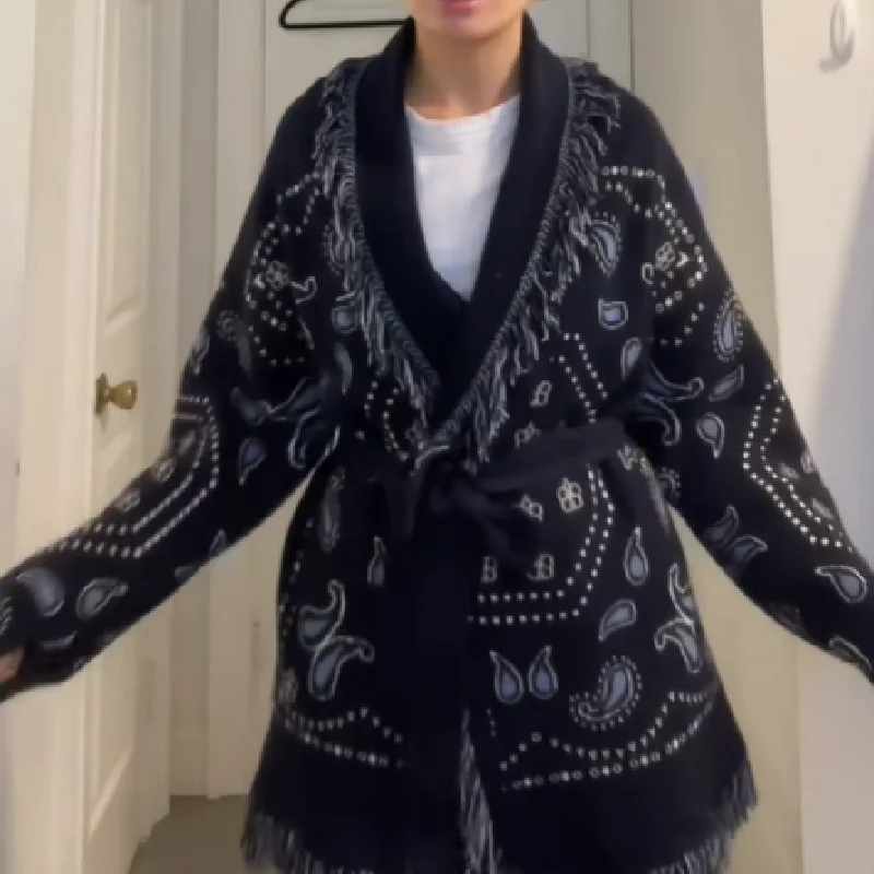 Kwastje Patchwork Gedrukt Vest Vrouwen Geometrische Patronen Riemen V-hals Lange Mouw Gebreide Straat Dame Trui 2025, Herfst Jas