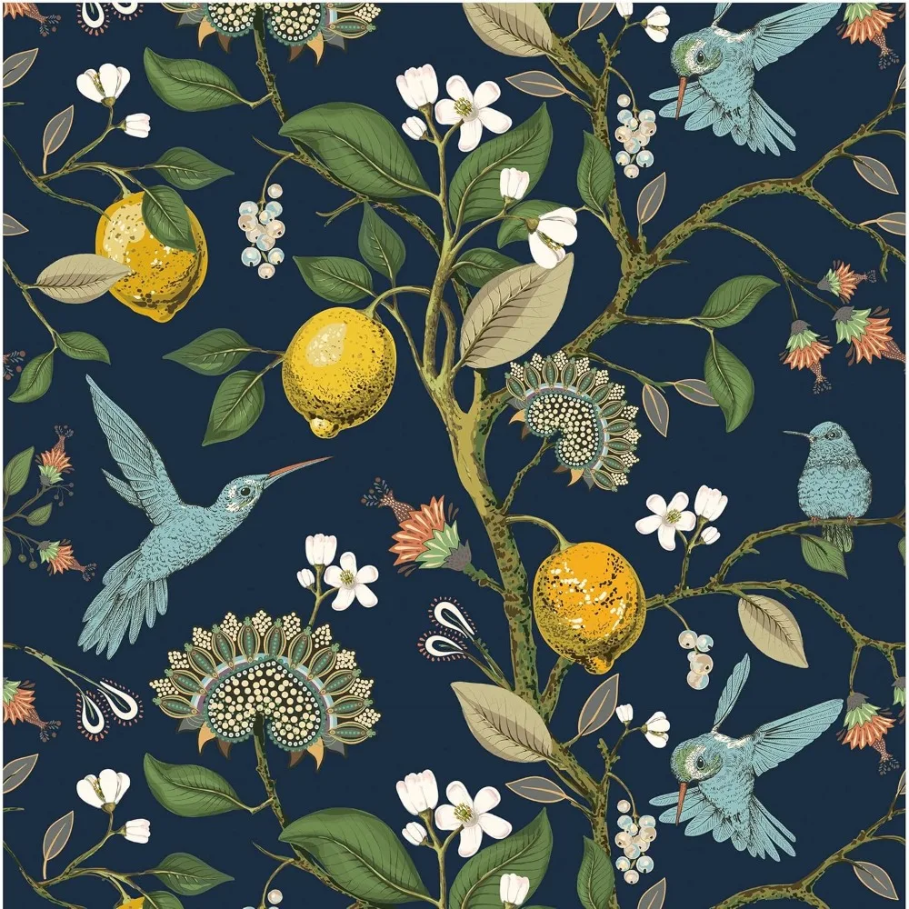 جدارية حائطية مزهرة على شكل طائر أزرق مع ورق حائط على شكل عصا قشر الليمون الطازج لديكور الحائط ذاتي اللصق، بطول 48.4 قدم مربع #6