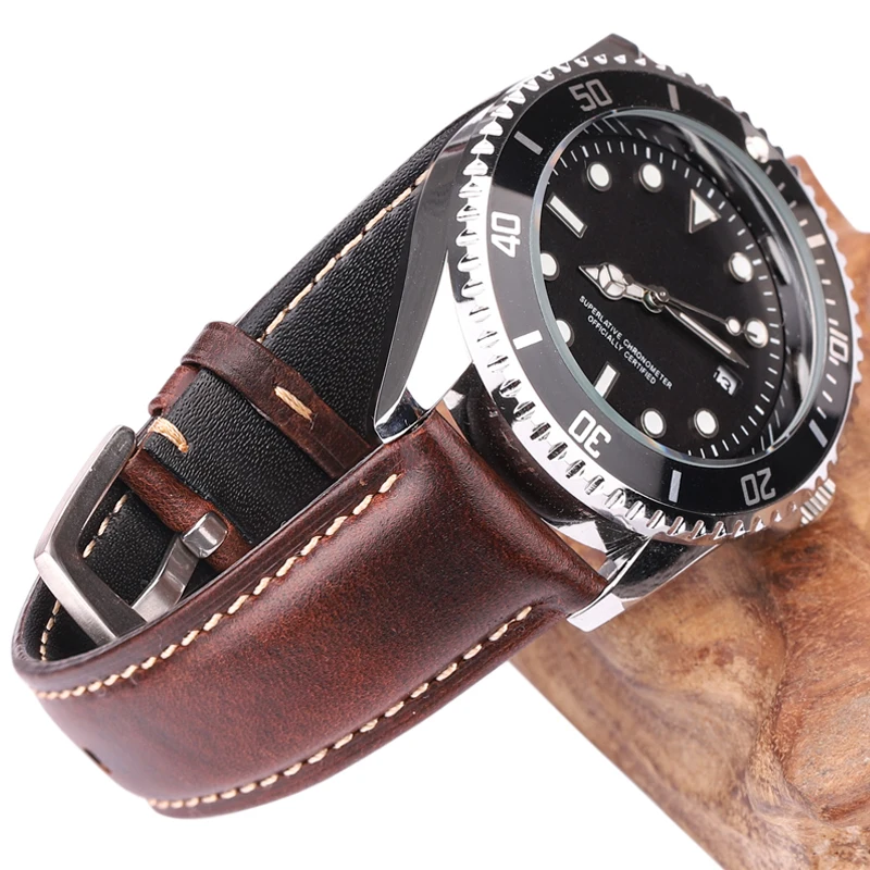 Oil Wax Cowhide Watch Band Strap Women Men Black Brown Smooth Genuine Leather Watchband 18 19 20 21 22 24mm Belt