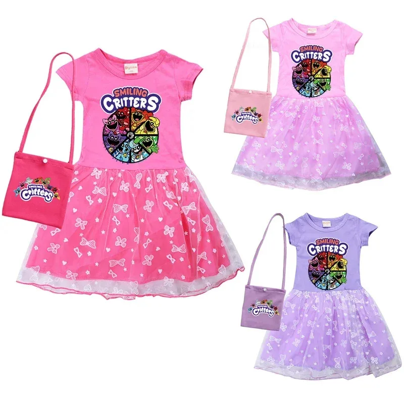 

Summer kids smiling critters clothes baby girls princess dress short sleeve mesh cartoon catnap cosplay costumes casual vestidos