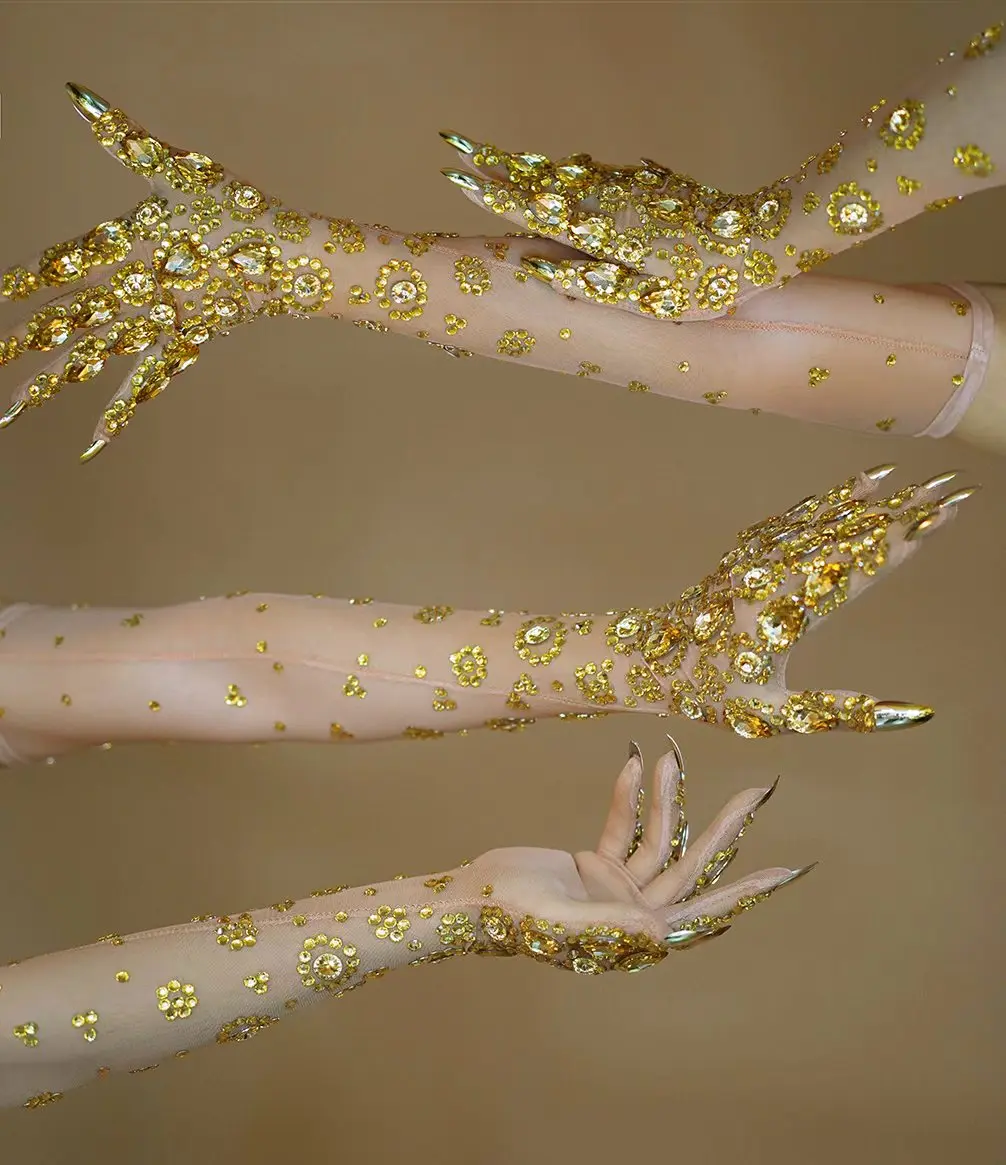 Shining Gold Rhinestone Gloves Women Fashion Mesh Birthday Celebration Party Long Gloves Dancer Stage Accessories Jinshouzhi