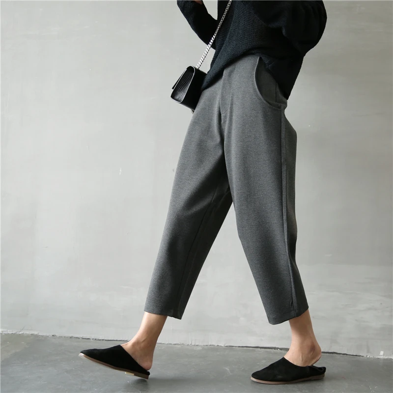 بنطلون نسائي كاجوال بخصر عالٍ ولون سادة، فضفاض بطول تسعة أرباع، على الطراز الكوري، عصري ومريح من مزيج القطن لتشكيل الساق