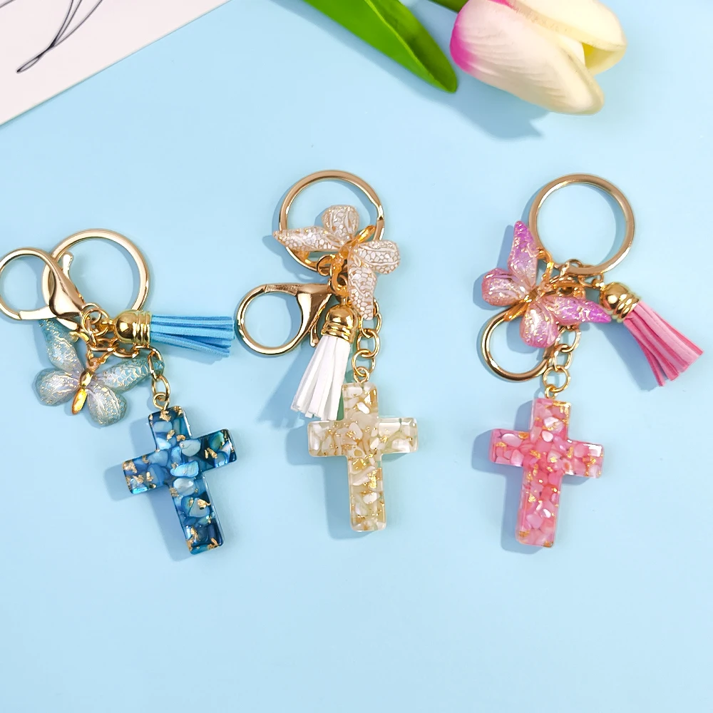 Colorful Sequin Filled Resin Cross Keychain Exquisite Butterfly Pendant Keyring for Women Handbag Accessories Christianity Gift