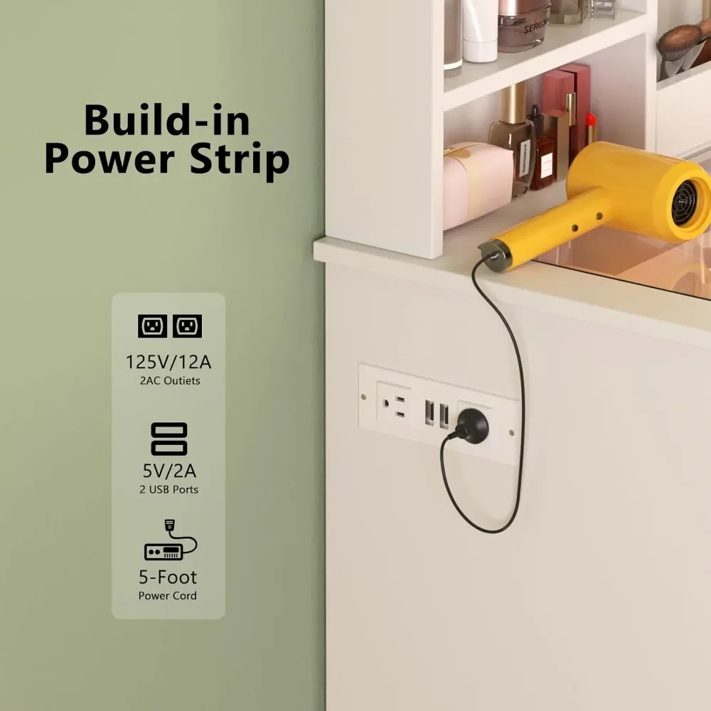 Makeup Vanity Set with Mirror And Lights - Desk with Power Strip 2 Drawers And Chair for Women Girls Bedroom Furniture,Customize