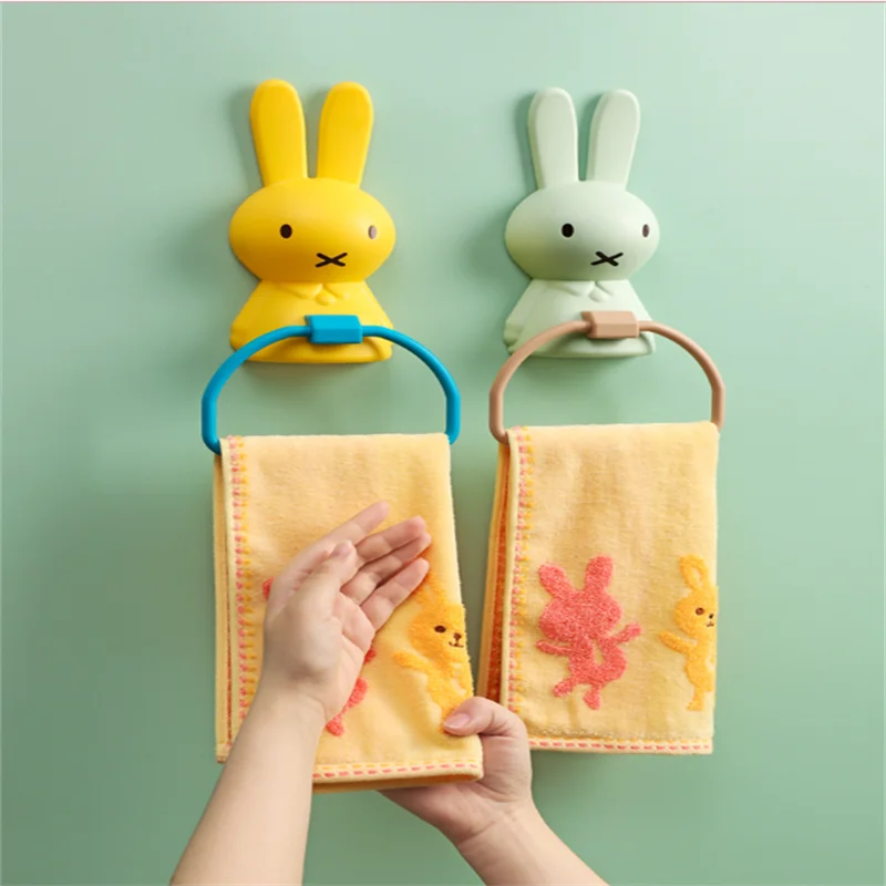 Multi functional and minimalist bathroom children\'s towel rack cartoon rabbit single pole non perforated towel rack