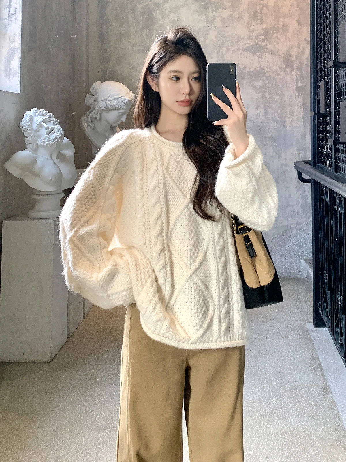 

Loose Knitted Wool Sweater Women's round Ne Twist Casual Sle Autumn Top Withmxboom ey Home Faion Slimming Knitwear