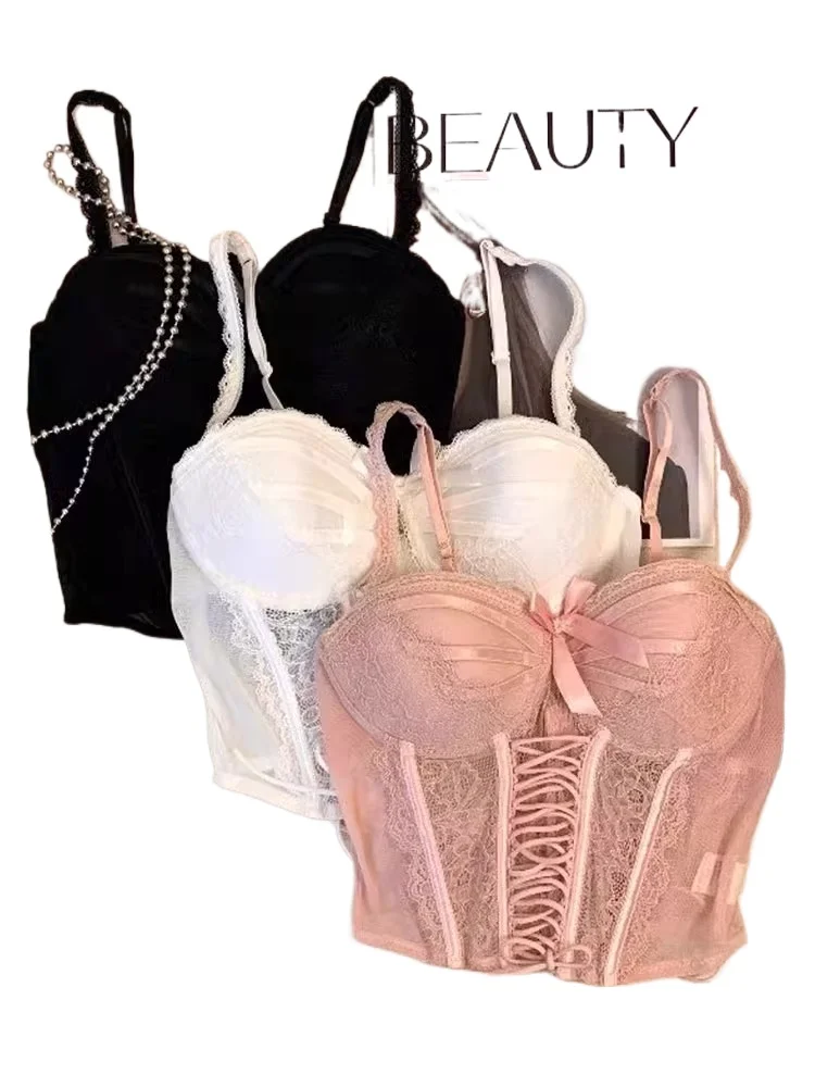 

Thai American Style Halter Top Set Lace Boned Bustier Sexy Crop Top & Summer Vest Pure Sweet Girl Lingerie Outerwear Set kuclut