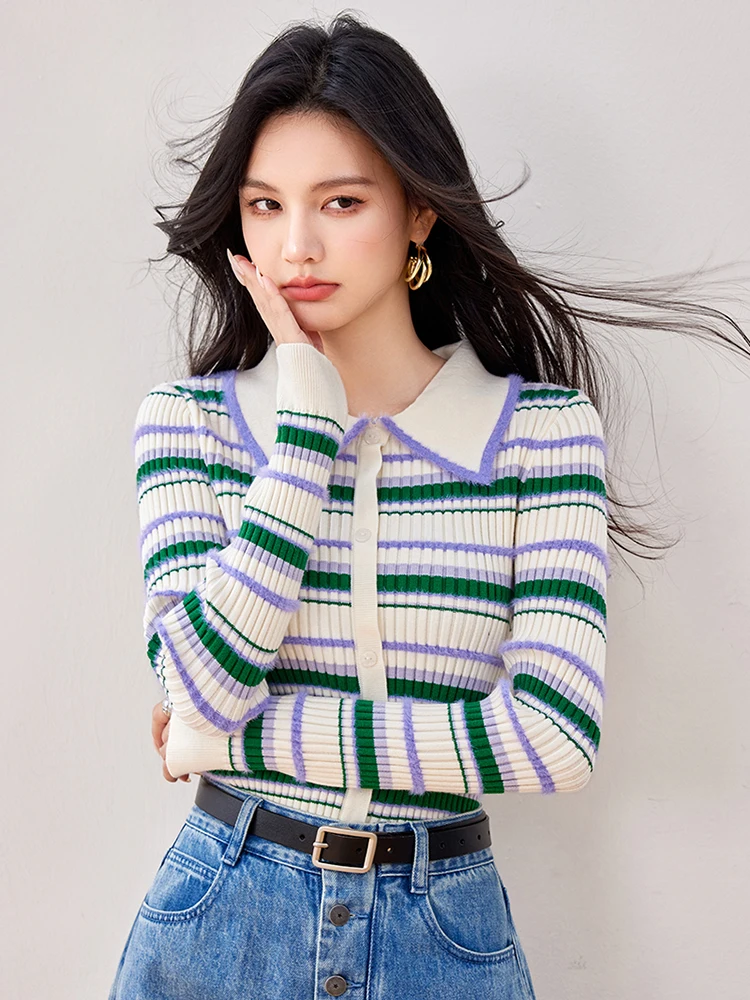 Women\'s Knitted Sweater Autumn New Striped Lapel Single-breasted Knitted Cardigan Temperament Long Sleeve Jumper