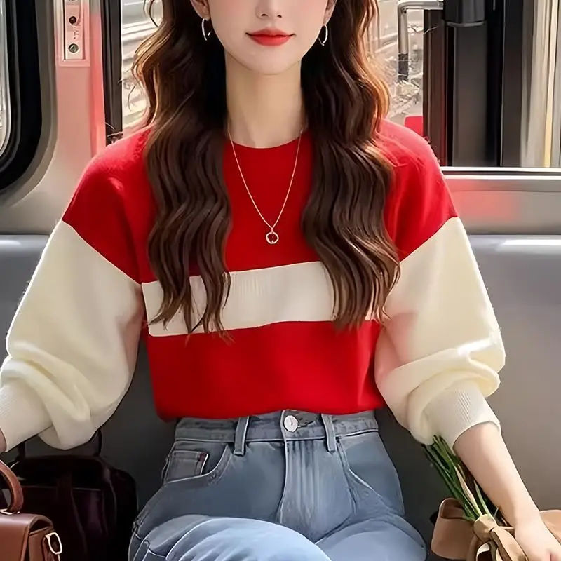 

Нишевый непромокаемый корейский мягкий и клейкий контрастный цветной пуловер с круглым вырезом, вязаный свитер для женщин