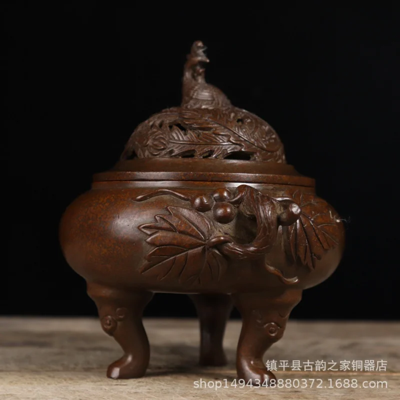 Antique Zen Style Three-Legged Burner Home Indoor Decoration Pure Copper Perching on Phoenix Tree Incense