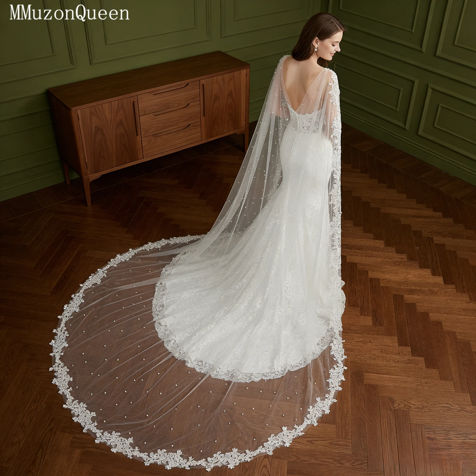 TOPQUEEN VG59 Elegant Woman Dress Shawl Hand Embroidered Trim Pearl Trailing Long Cape White Black Bridal Wedding Dress Shawl