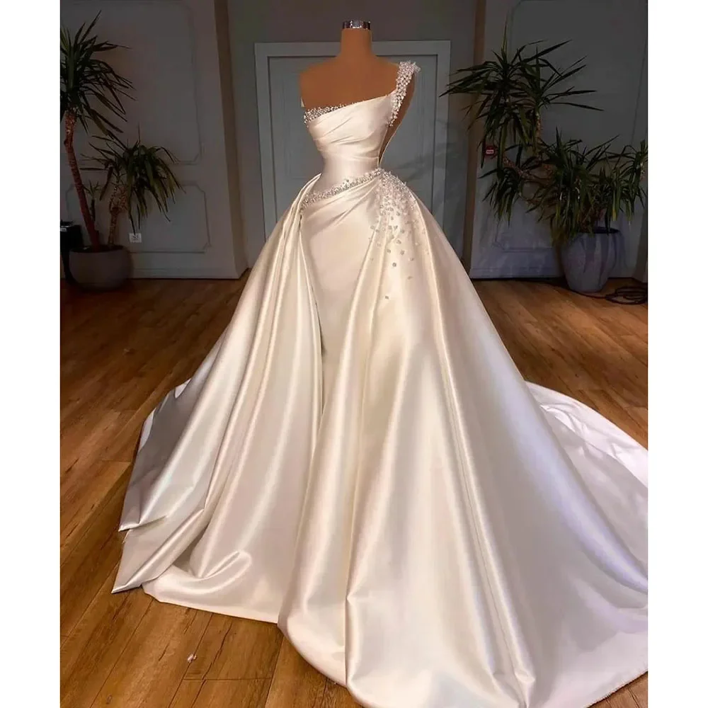 

Fashion Pearls Beading Bride Dress White Elegant Floor Length Mermaid Gowns Chic Court Train Wedding Dress with Detachable Tail