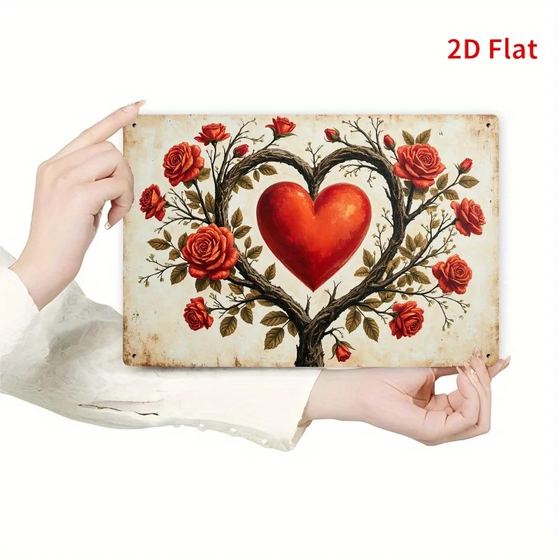 Herzförmiges Rosenbaum-Metallschild, 2D Wandkunst-Dekoration für Wohnzimmer und Schlafzimmer, Vintage Romantisches Valentinstag-Geschenk für Liebe & R