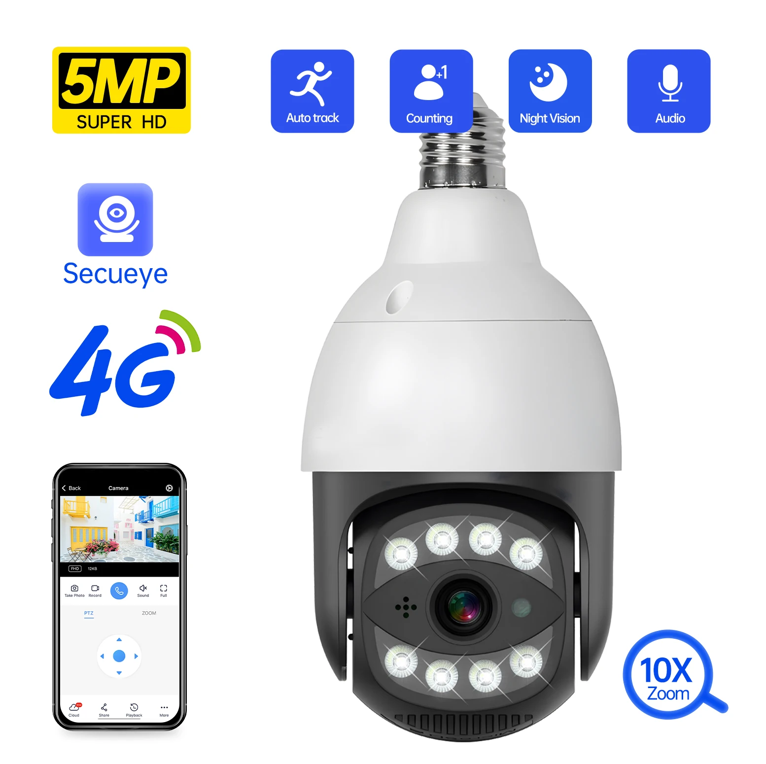 5mp 4G E27 Bulb Wifi Camera HD Night Vision Outdoor Waterproof Security Video Surveillance Supprt Two Way Audio Human Tracking