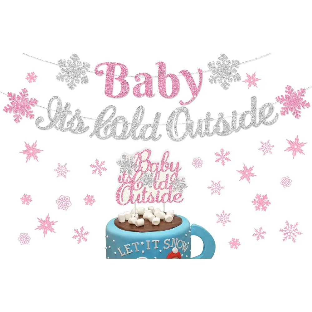 Baby It’s Cold Outside Banner Cake Topper for Snowflake Baby Shower Decorations for Girl Pink Winter Wonderland Party Supplies