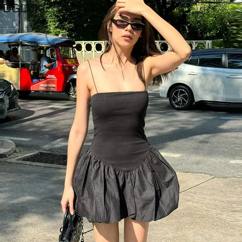 

DGLUKE Sexy Spaghetti Strap Backless Mini Dress Women Elegant Puffy Pleated A-Line Summer Dresses 2024 Slim Club Party Dress