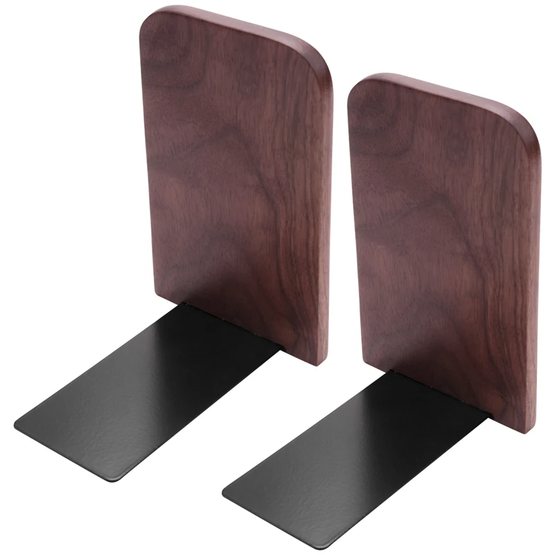 

2Pcs Wooden Bookends With Metal Base Heavy Duty Black Walnut Book Stand With Anti-Skid Dots For Office Desktop Or Shelves