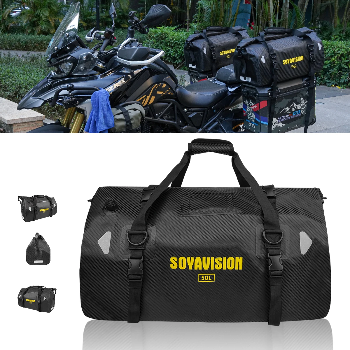 

50L Motorcycle Dry Bag Waterproof Reflective Tail Duffle Bag Skiing Travel Hiking Camping Boating Riding Fishing Outdoor Luggage