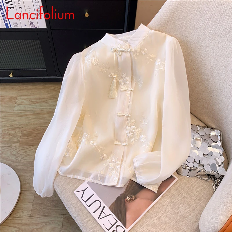 New Chinese Disc Buckle Elegant Chiffon Blouse Female Summer Fall 2024 Chic Tassel Embroidery Long-sleeved Horse Skirt Match Top