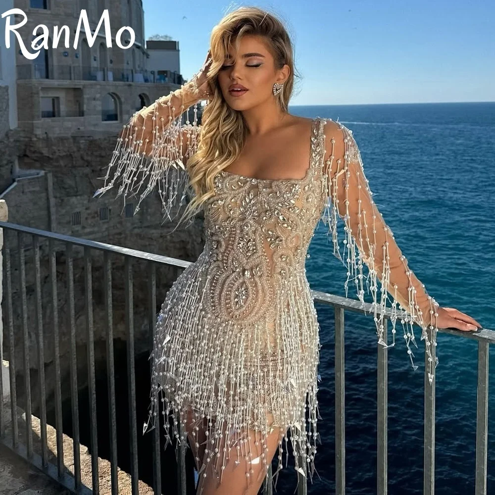 Ranmo Luxury Crystals Illusion Short Prom Cockatil Dress Pleats Tulle Pearls Mermaid Mini Party Gowns Customized שמלת נשף
