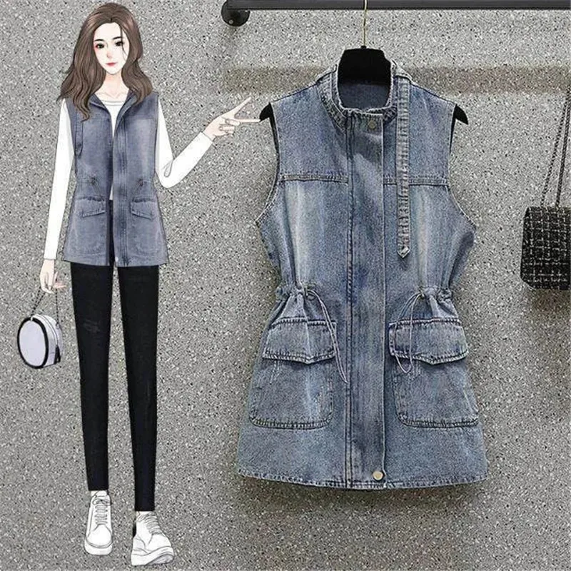 

2023 Vintage Denim Jacket Vest Women Mid-length Spring Autumn New Korean Loose Sleeveless Coat Jean Woman Waistcoat Tops Ladie