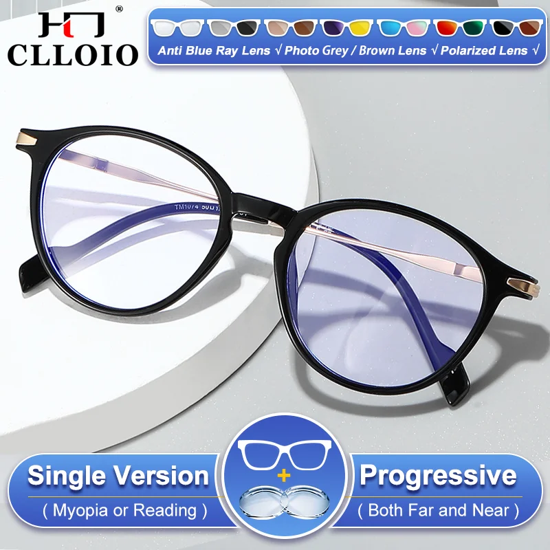 

CLLOIO New Trendy Men Round Small Frame Prescription Optical Glasses Anti Blue Light Myopia Photochromic Progressive Eyeglasses