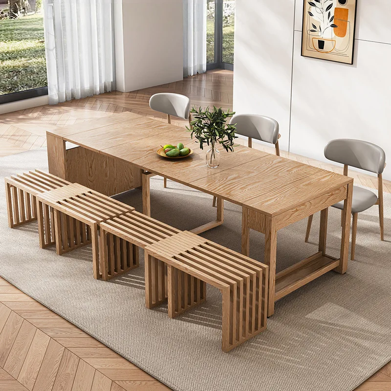Pure solid wood retractable dining table integrated side cabinet foldable household storage rectangular deformation lengthened