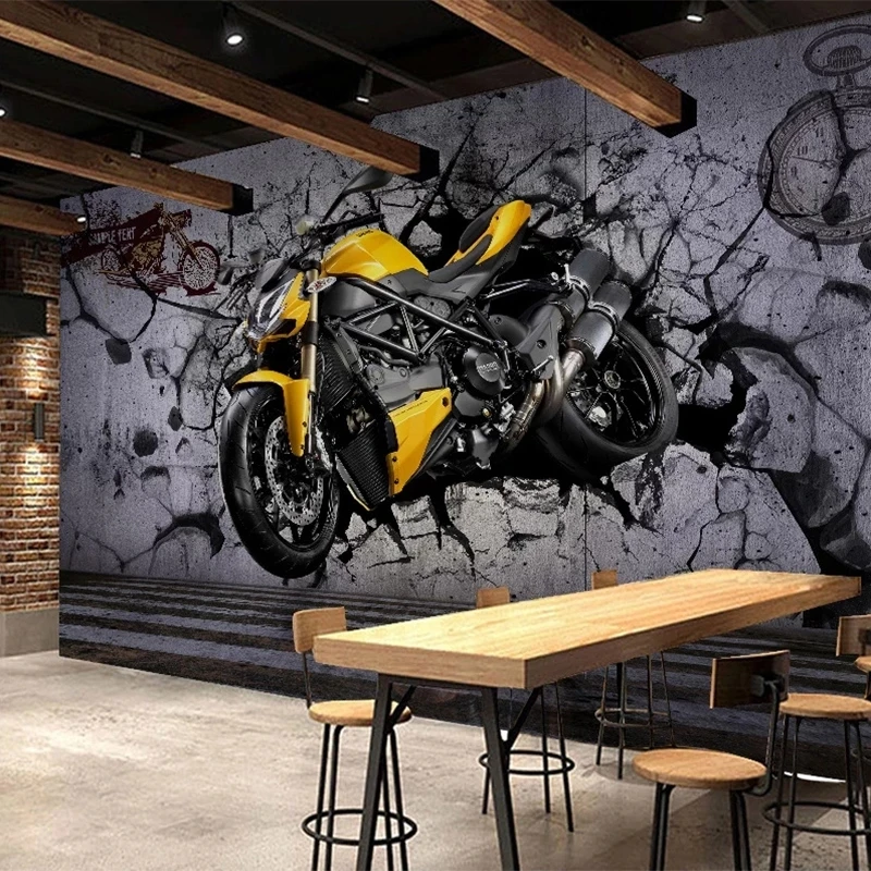 Customized Photo Mural 3D Yellow Motorcycle Cool Broken Wall Retro Restaurant Cafe Wallpaper Living room TV background bedroom