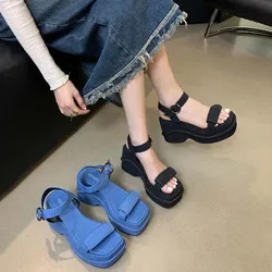 Blue Platform Wedges Sandals Black Denim Chunky Wedges Summer Punk Party High Heels For Women 2024 Designer Shoes Sabdalia