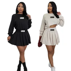Custom LOGO European and American women's clothing new two-piece casual long-sleeved jumper top pleated mini skirt