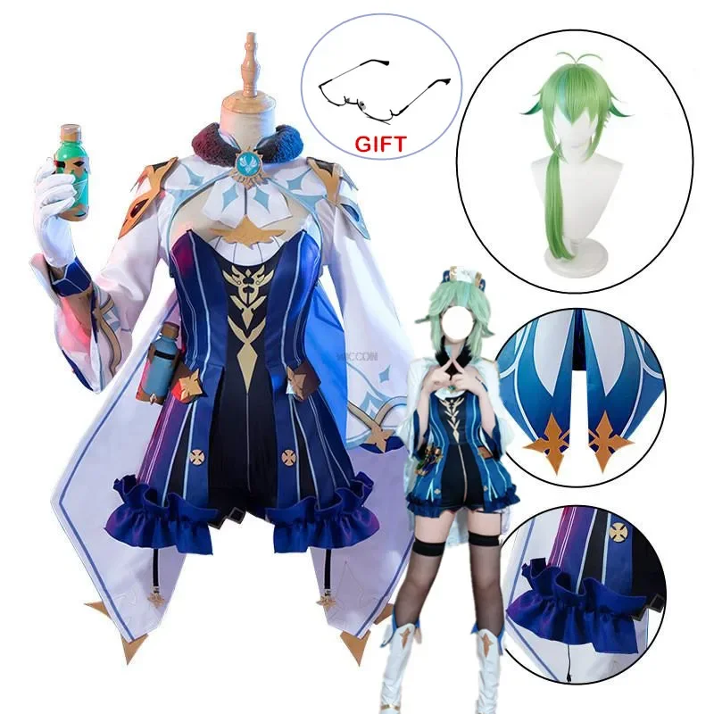 Disfraz de Sucrose Genshin Impact para mujer, uniforme de Carnaval para adultos, peluca de Anime, traje de fiesta de Halloween, conjunto completo, juego para mujer