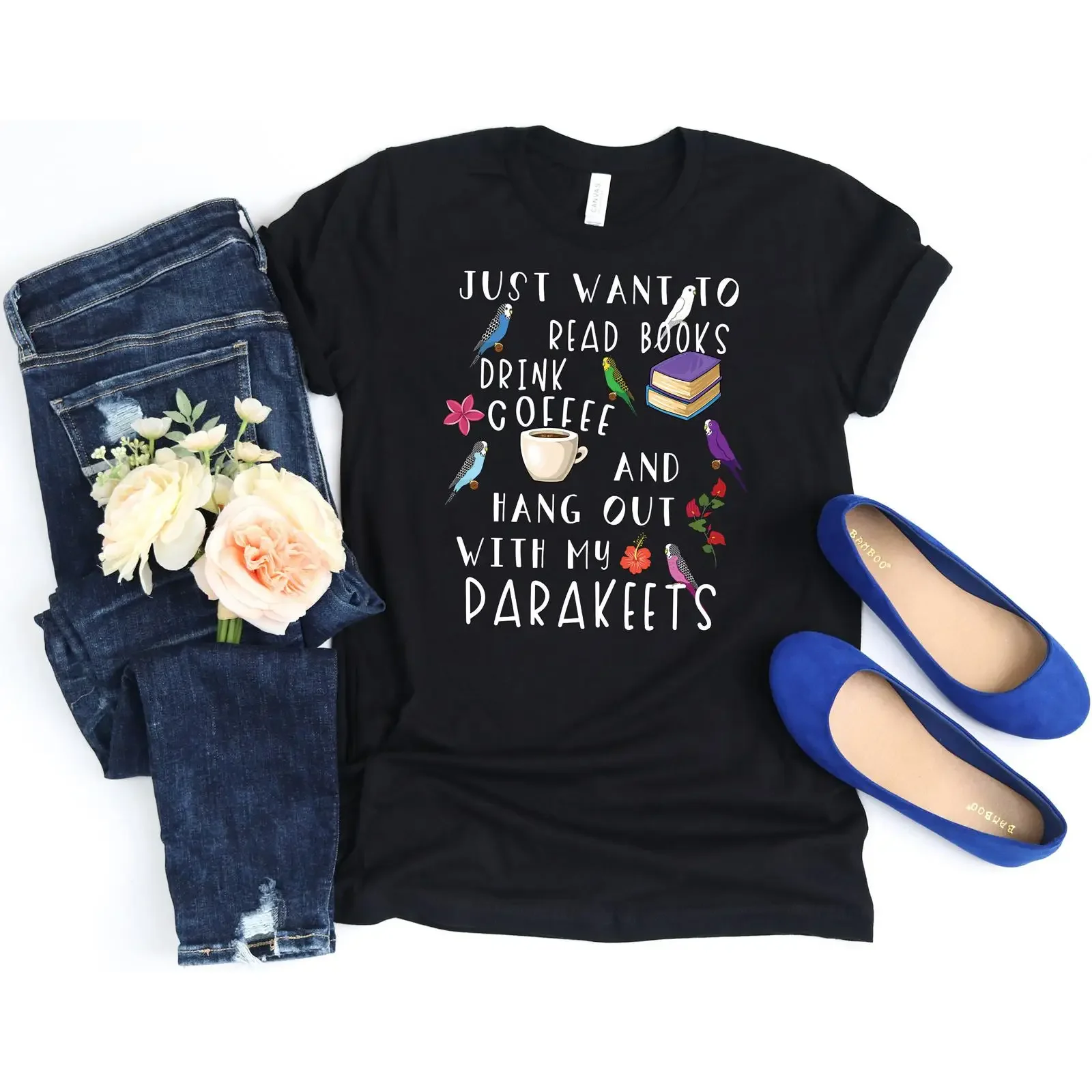 Just Want to Read Books Drink Coffee Hang Out with ParakeeT T Shirt Funny Budgie Parrot Lover Casual for  vintage Washed