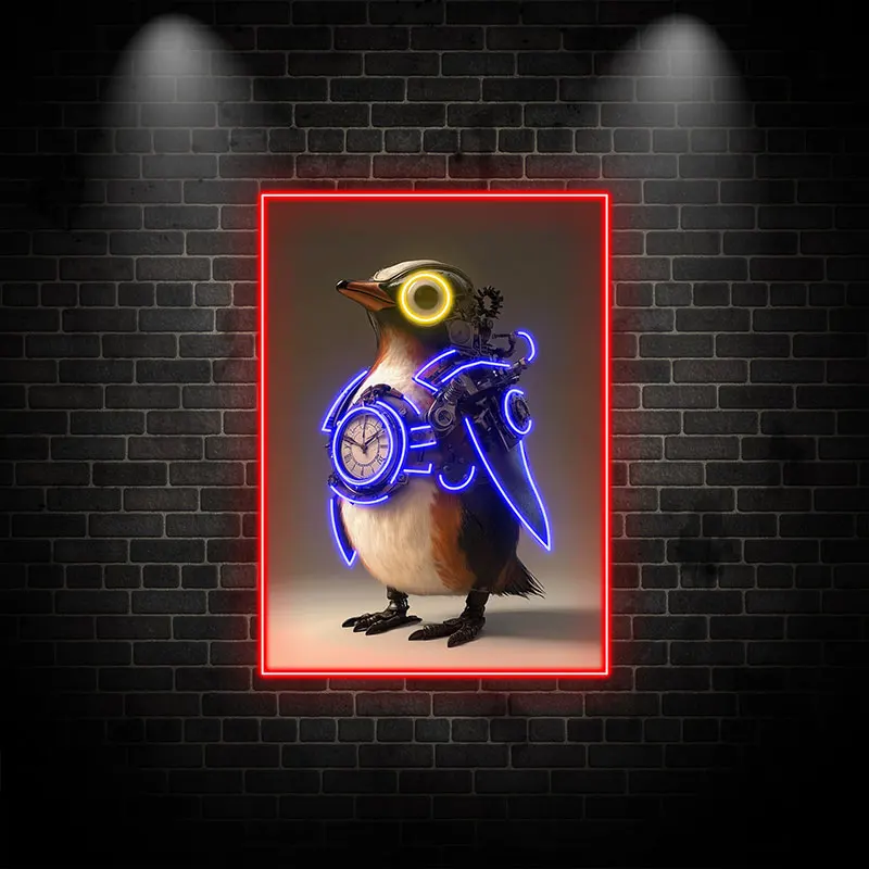 Steampunk Penguin Neon Light Sign - Unique Mechanical Clockwork Design with Glowing Accents, Perfect for Sci-Fi Decor, Game Room