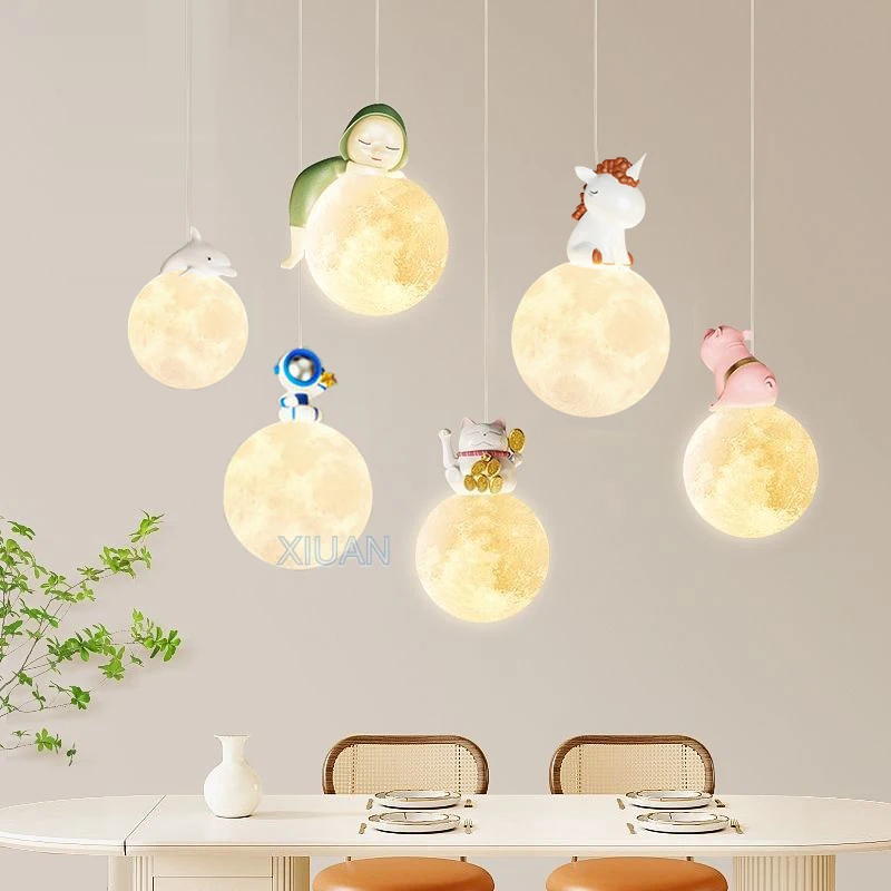 

Creative Cartoon Animal Pendant Lamps for Children's Room Bedroom Bedside Lighting Lucky Cat Astronaut Unicorn Hanging Light