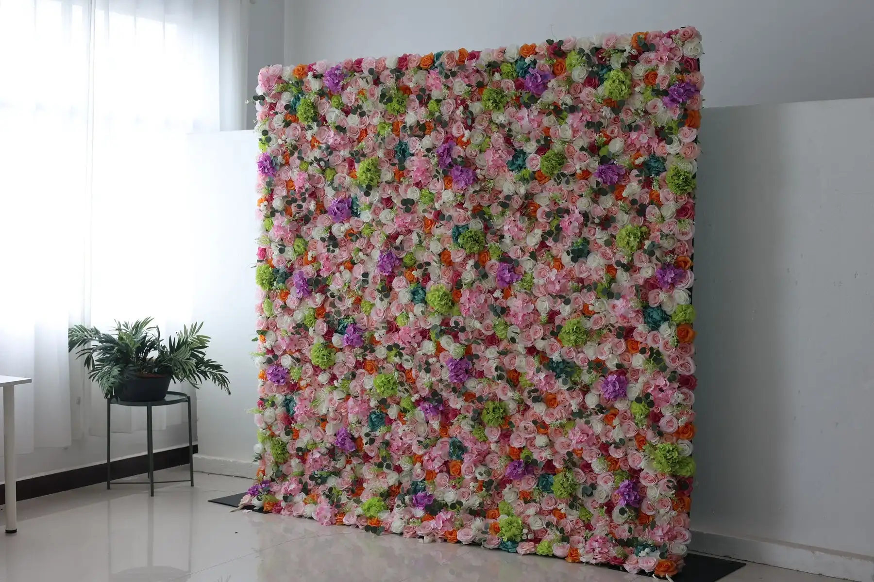 Pink-purple rose green hydrangea wall 3D Roll Up Curtain Cloth Flower Wall Outdoor Wedding Backdrop Decorations For Reception