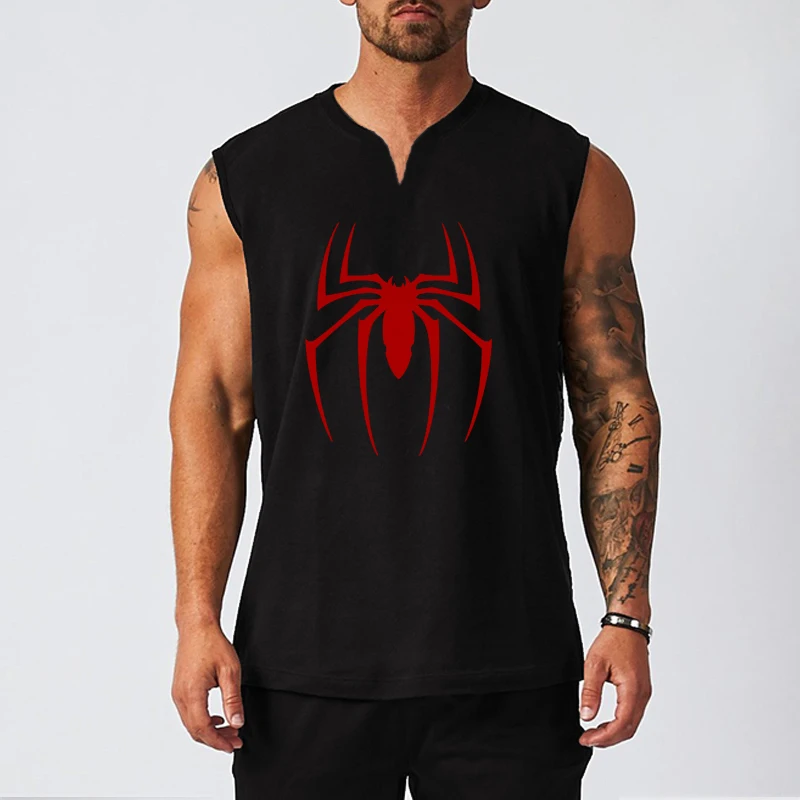 Red Spider Printed Gym Fitness Tank Tops Cotton Breathable Sleeveless V-Neck T-Shirts Mens Sport Bodybuilding Muscle Clothing