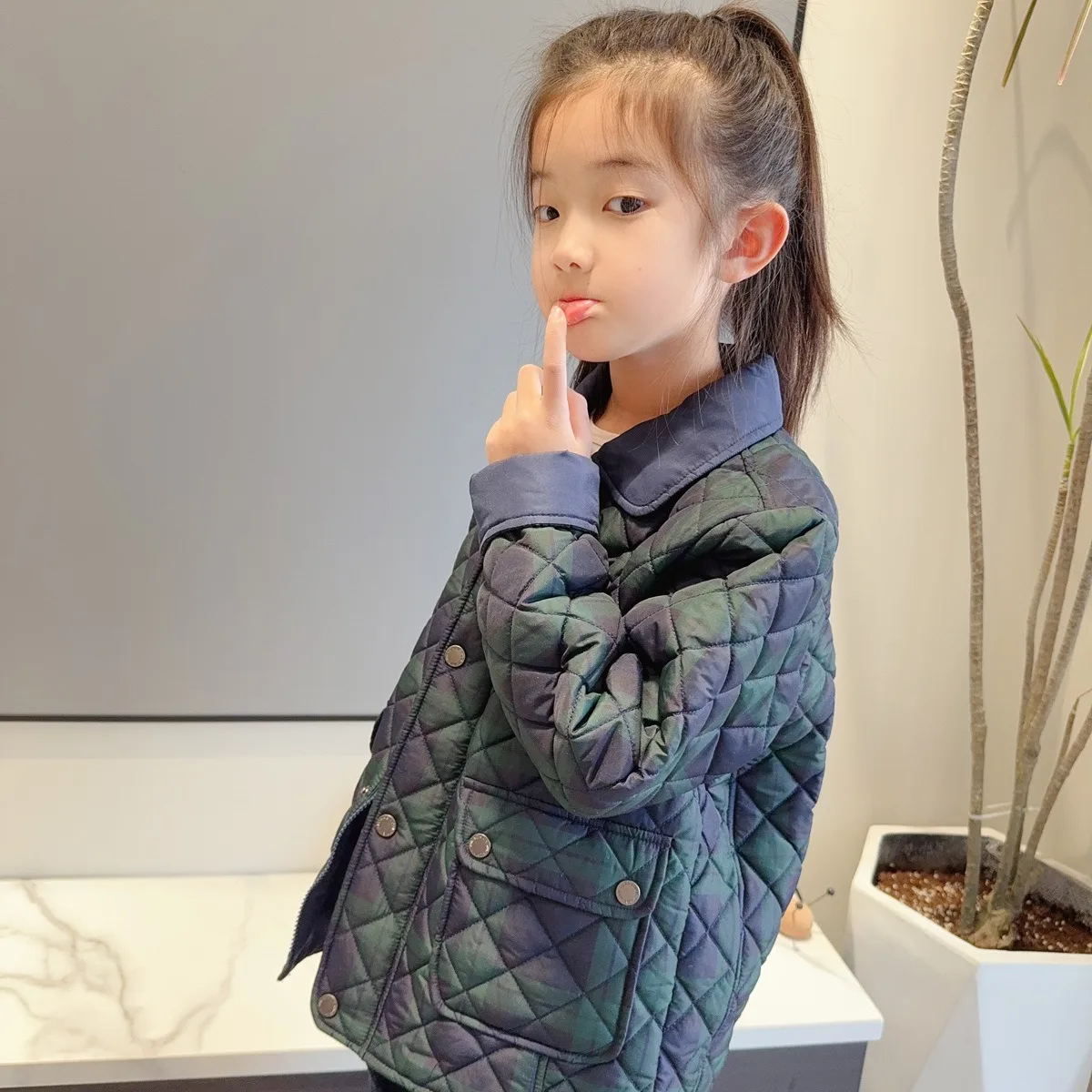 Girl's Cotton Jacket 2025 Autumn Green Checkered Collar Fashionable Children's Jacket Pure Cotton Warm And Cute Cotton Jacket