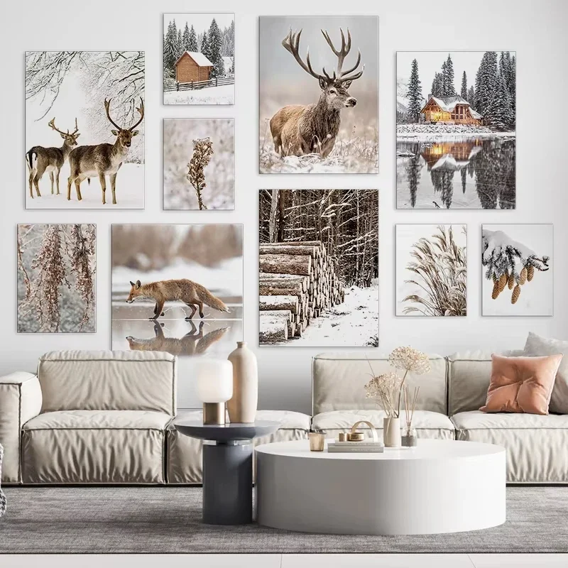 Elk Squirrel Wood Winter Snowy Landscape Beige Nordic Poster for Wall Decorative Painting Canvas Print Art Picture Living Room