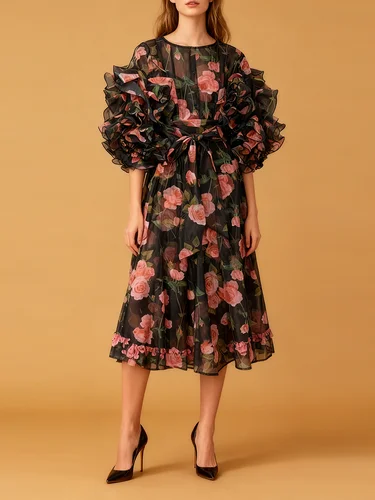 Imagen 2 del producto VGH-vestidos largos por debajo de la rodilla con estampado de rosas para mujer, cuello redondo, manga con volantes, cintura alta, encaje empalmado, ropa femenina de verano