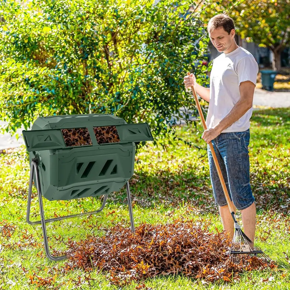 Dual Chamber 42-Gallon Outdoor Compost Tumbler with Sliding Doors and 360° Rotation for Yard Waste and Garden Composting