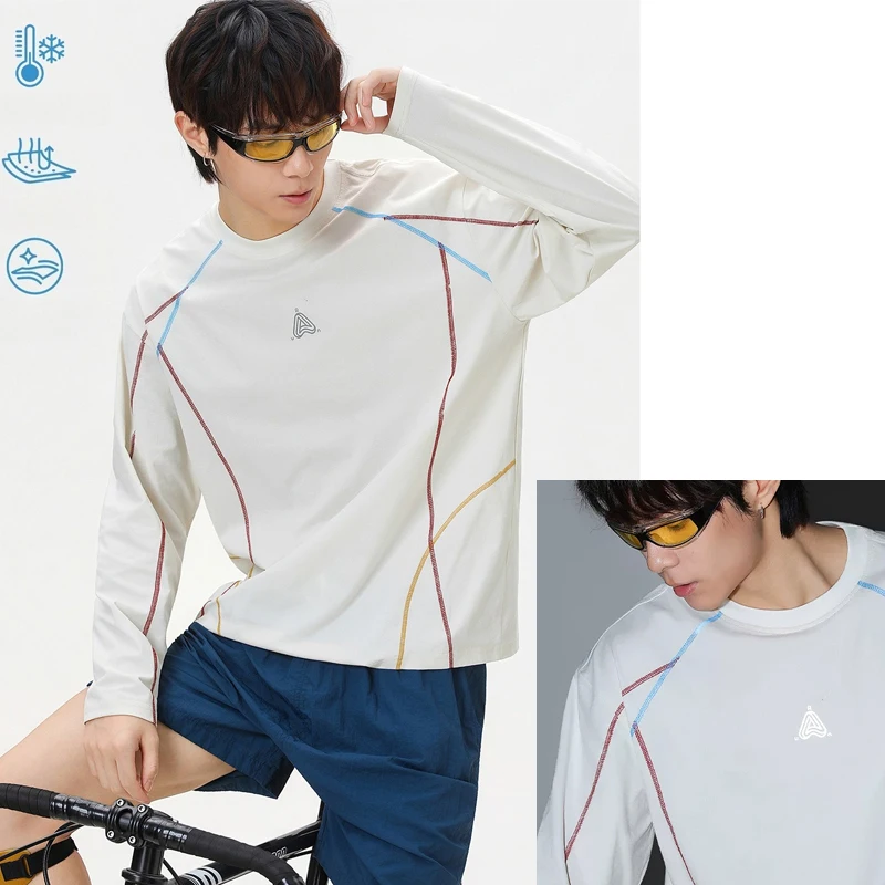 Men's Cool-Touch Contrast Stitch Long Sleeve T-Shirt – Loose Fit Moisture-Wicking Athletic Top for Autumn & Summer Sports